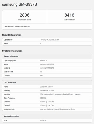 На Geekbench появились результаты тестов европейской версии Galaxy S25 Edge