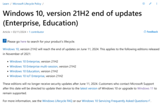 Microsoft прекратит поддержку Windows 10 Enterprise (а также Education и IoT Enterprise) версии 21H2 с 11 июня 2024 года