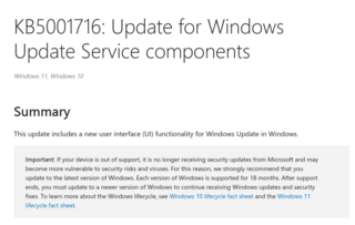 Microsoft выпустила обновление KB5001716 для Windows 10/11 с предупреждением о необходимости обновить ОС или ПК
