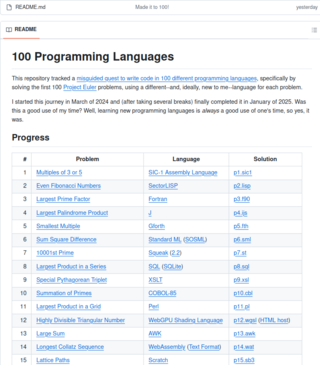 Опубликовано решение первых 100 задач Проекта Эйлера с использованием 100 разных языков программирования