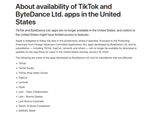 Apple заявила, что выполнила закон США, удалив TikTok и ещё 10 мобильных приложений ByteDance из App Store