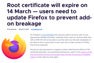 Mozilla: 14 марта окончится срок действия корневого сертификата для заверения дополнений Firefox цифровой подписью