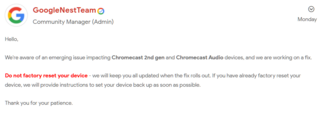 Google исправит сбой в работе устройств Chromecast