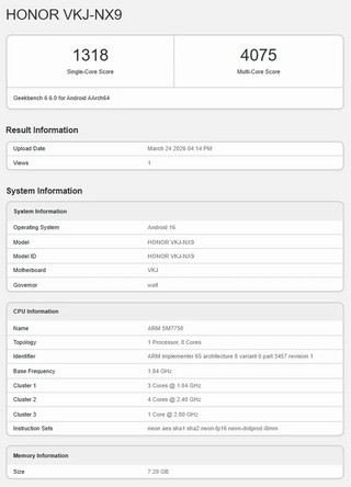 Honor 600 засветился в Geekbench с чипом Snapdragon 7 Gen 4
