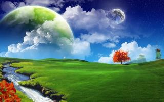Обои: трава, облака, луна, планеты